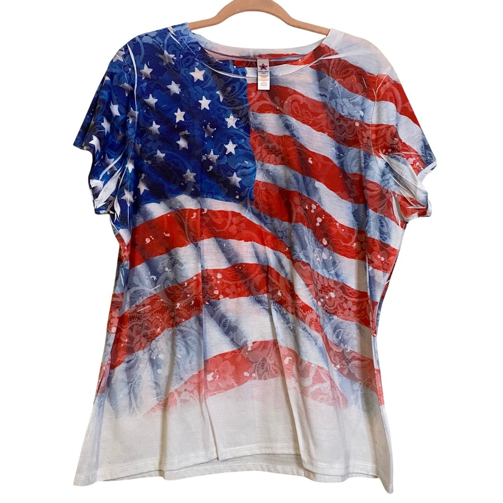 American Star USA Flag Lace Print Rhinestone Top Womens 2XL 3XL Patriotic